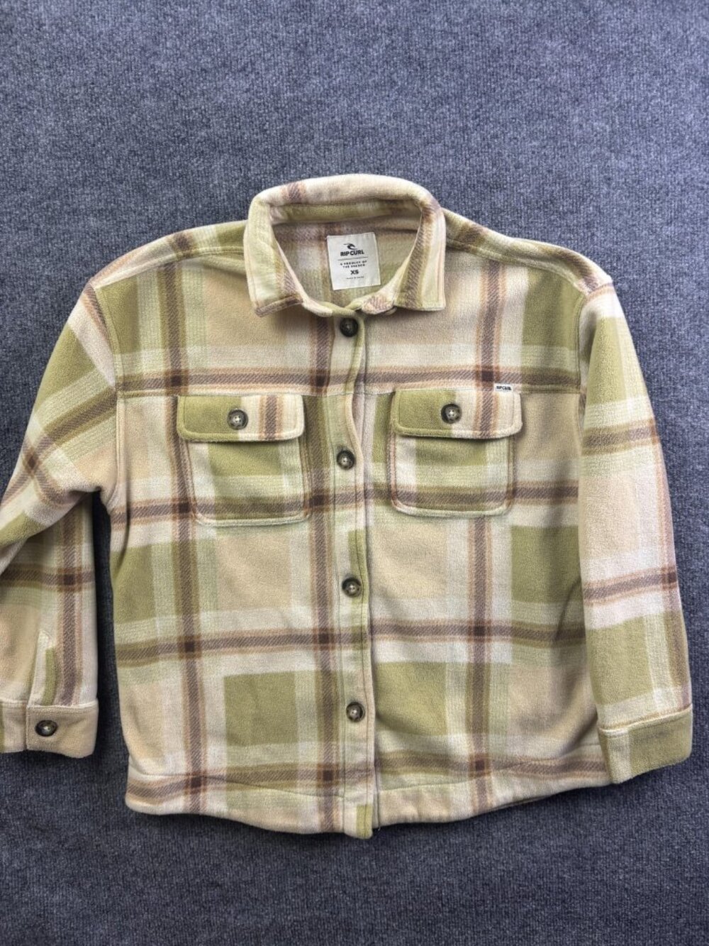 Rip Curl Shirt‎ Jacket Womens XS Beige Plaid Fleece Button Front Pockets Casual